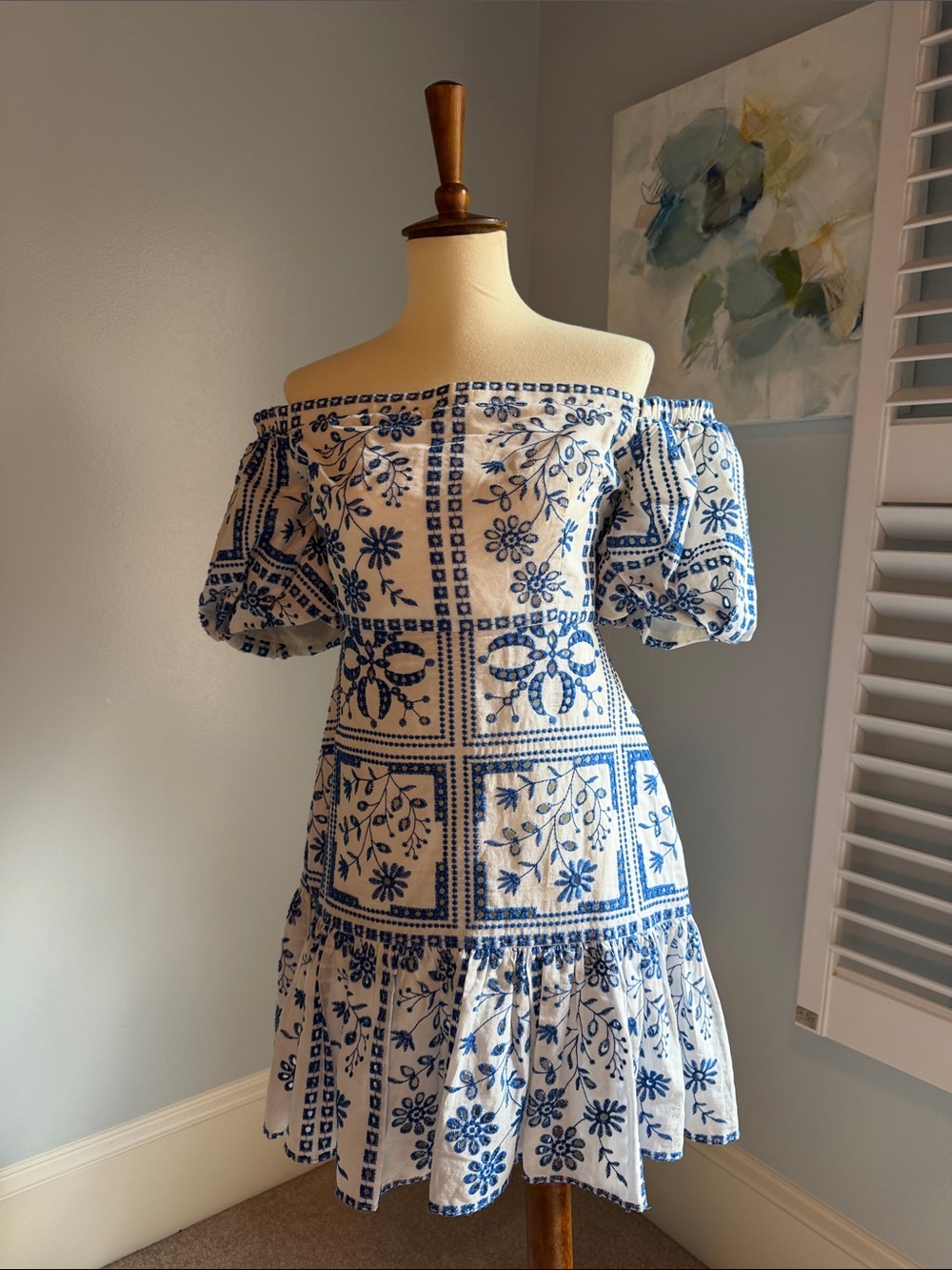 Milly White Off-Shoulder Dress with Blue Floral Embroidery